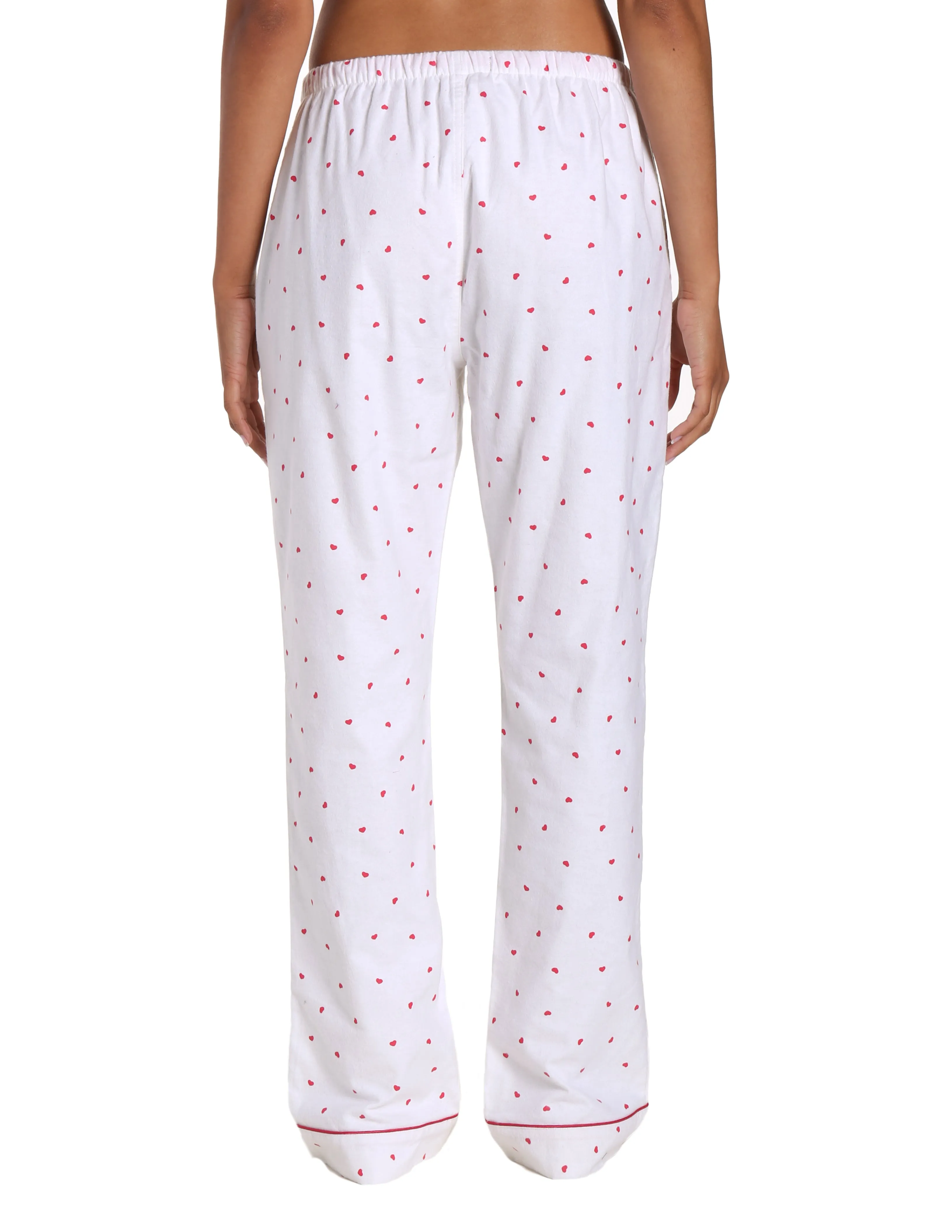 Womens 100% Cotton Flannel Lounge Pants - Little Hearts - White-Red
